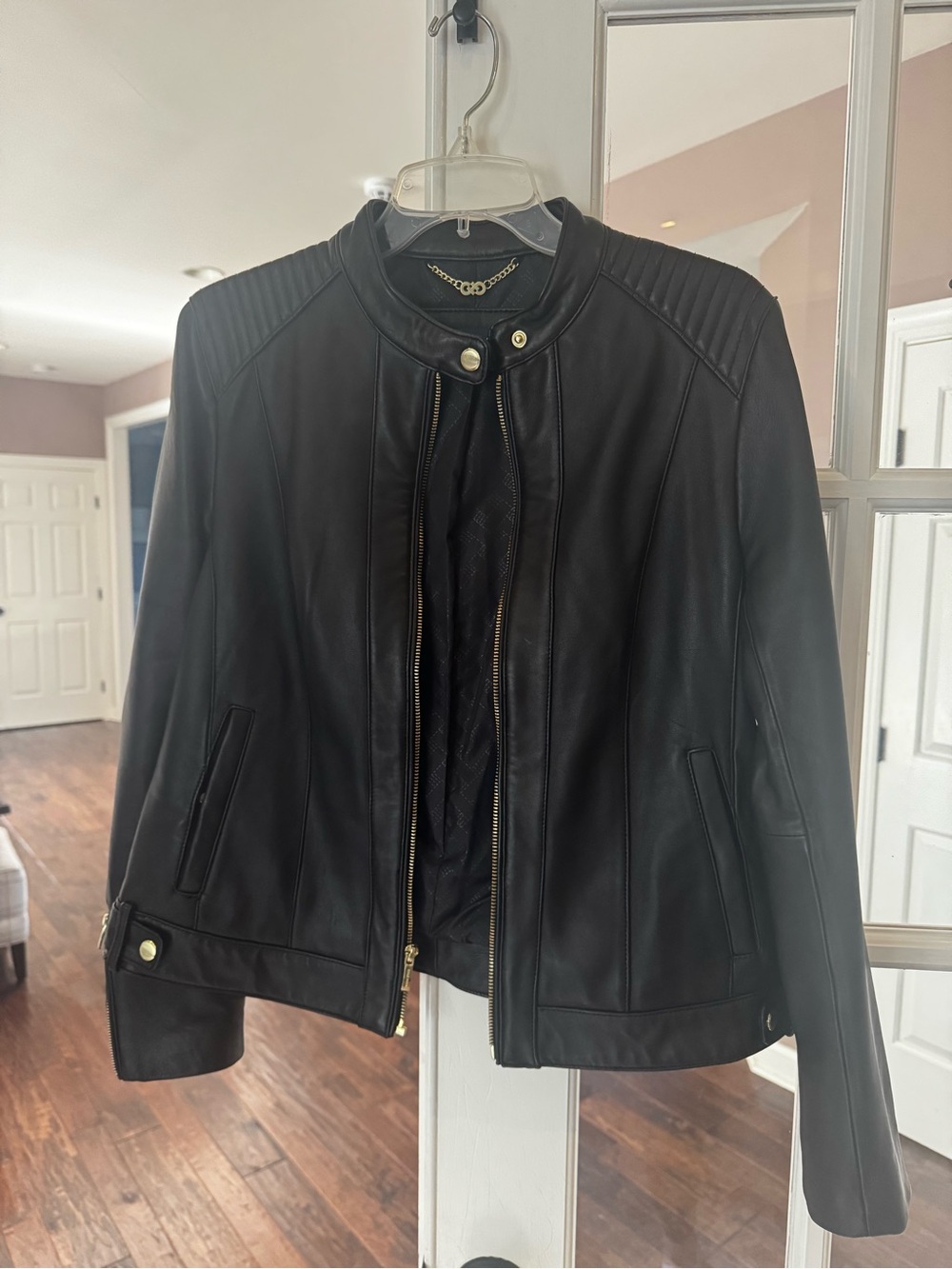 Cole Haan Genuine Lambskin Leather Moto Racer Jacket in Black - Size Large